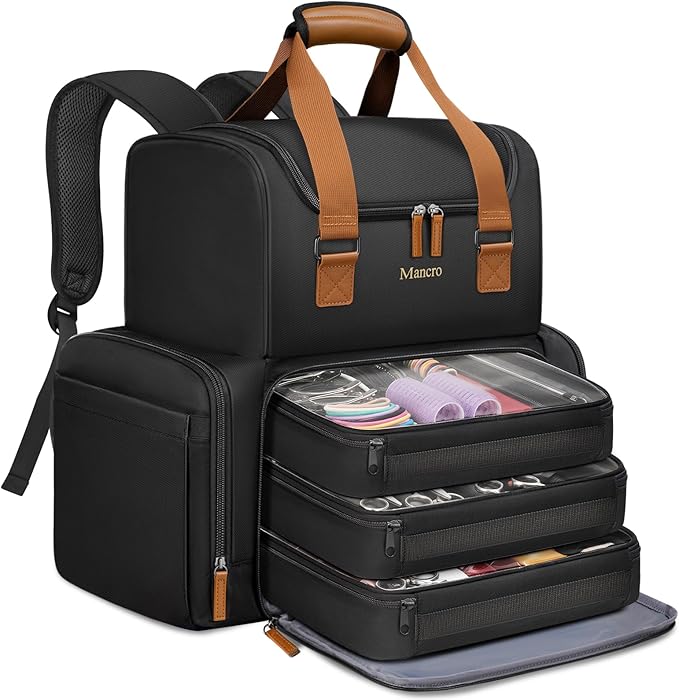Mancro Hairstylist Travel Bag, 2-Layer Cosmetology Bag with 3 Separate Pouches and 2 Side Pockets, Professional Barber Bag Backpack with Adjustable Dividers for Cosmetology Supplies,Black