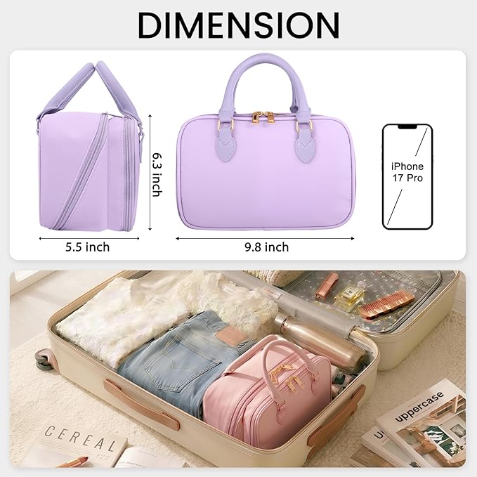 Travel Makeup Bag for Women Fashion Large Capacity Pouch Open Flat Cosmetic Portable Organizer Waterproof Large Opening Storage Toiletry Bags Vertical Free-Standing Brush Holder for Easy Access Purple