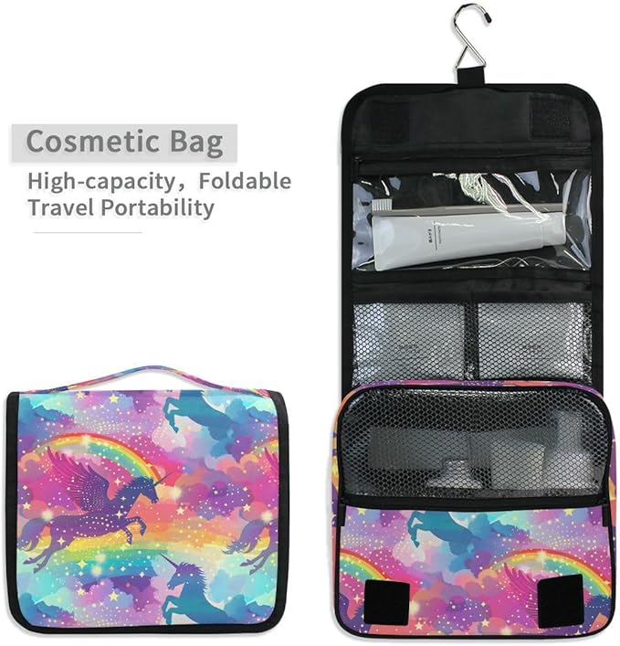 senya Hanging Travel Toiletry Bag Cute Kit Makeup Case Cosmetics Organizer for Men Women (Rainbow Winged Unicorn)