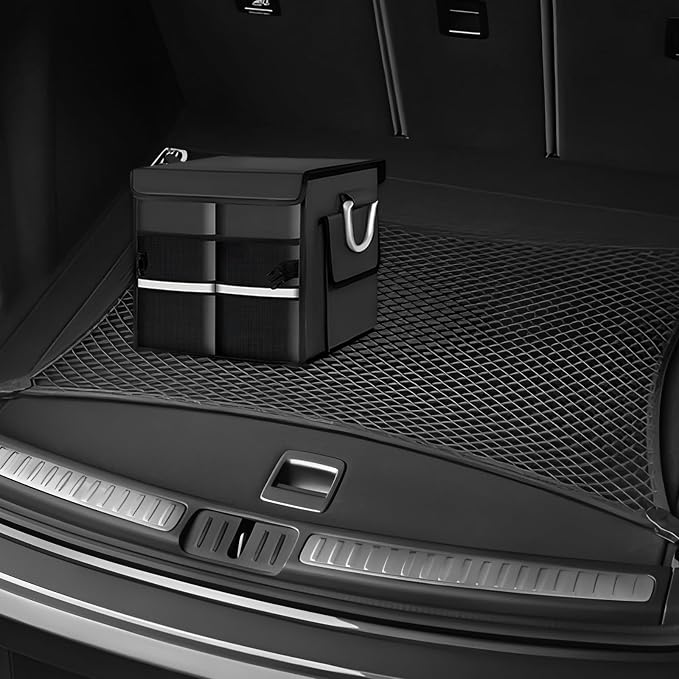 Car Trunk Organizer with Lid, 28L Waterproof Oxford Fabric Auto Trunk Cargo Storage Box w/Aluminium Alloy Handle, Collapsible 2-Compartment Storage Organizer for RV SUV Truck (Black)