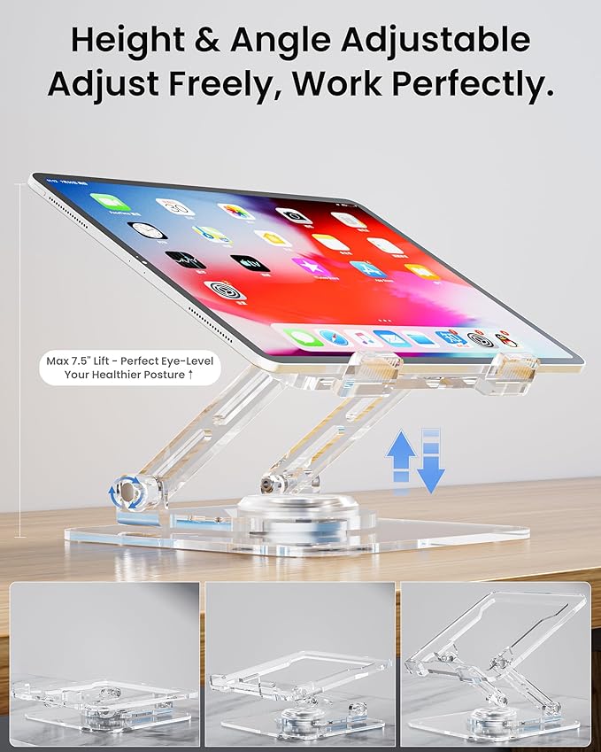 Laptop Stand for Desk - Adjustable, Foldable Clear Acrylic Riser with 360° Rotating Base, Ergonomic Laptop Holder for MacBook Pro/Air & 10-16” Notebooks