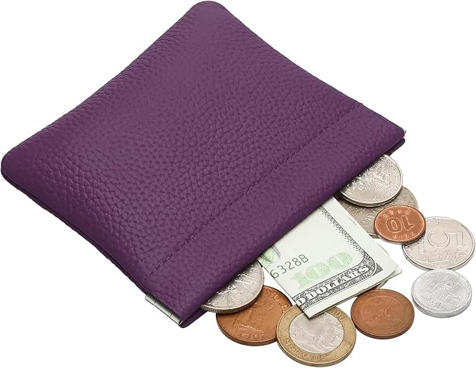 Genuine Leather Squeeze Coin Purse Pouch Change Holder For Men & Women Mini Change Purse Pouch for Pocket, Small Pouch Credit Card Key Headset Lipstick Holder (Purple)