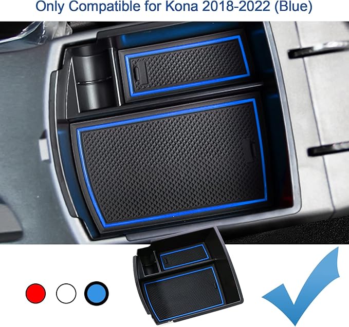 2018-2021 2022 2023 Kona Center Console Organizer for Hyundai Kona Armrest Box, 2022 Kona Console Armrest Tray 2022 2023 Kona Armrest Box Insert Tray Accessories (Blue Mats)