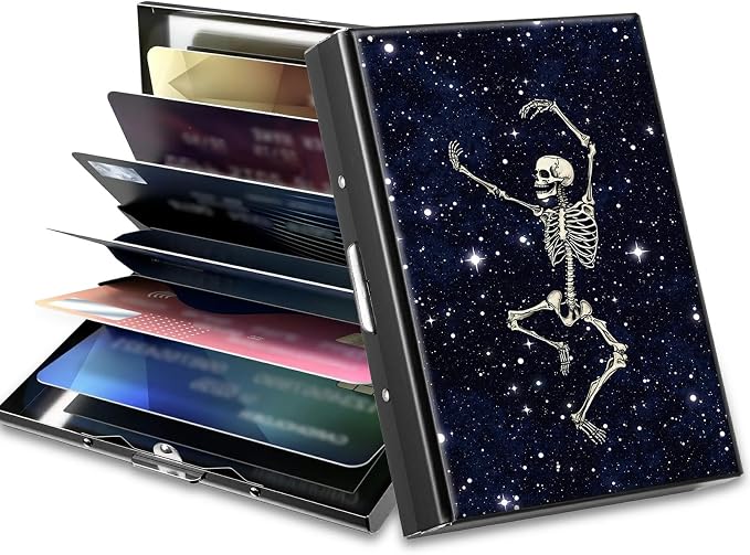 Slim Credit Card Holder, Dance Skull Skeleton RFID Blocking Metal Wallet for Men & Women, Aluminum Minimalist Hard Case Pocket-Sized Business Cards Organizer (Fits Up to 10 Cards)