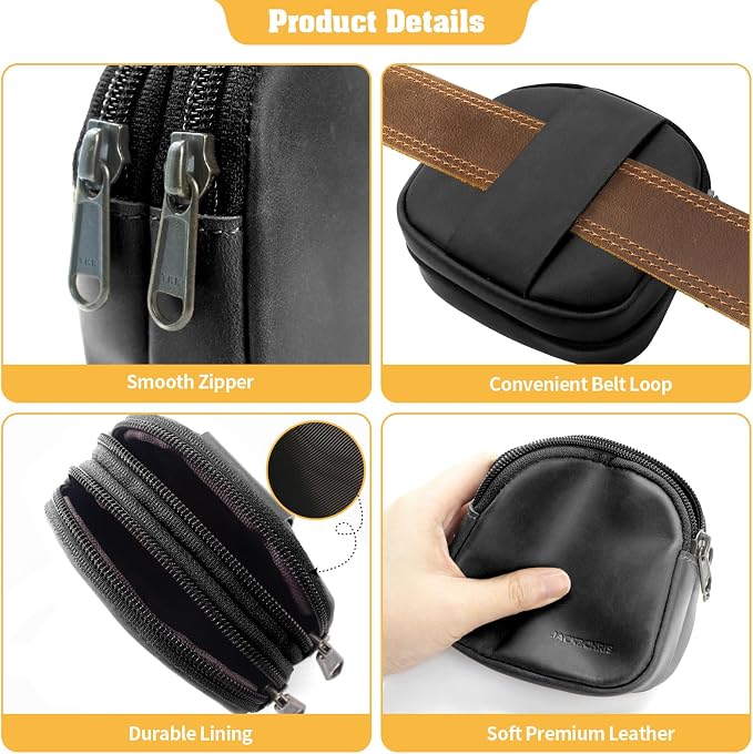 Jack&Chris Coin Purse for Men, Genuine Leather Mini Coin Wallet Zipper Pocket with Back Belt Loop, Coin Bag for Men