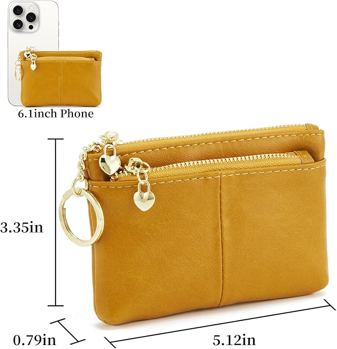 ZOOEASS Women PU Leather Zip Mini Coin Purse With Key Ring Triple Zipper Card Holder Wallet (Yellow)