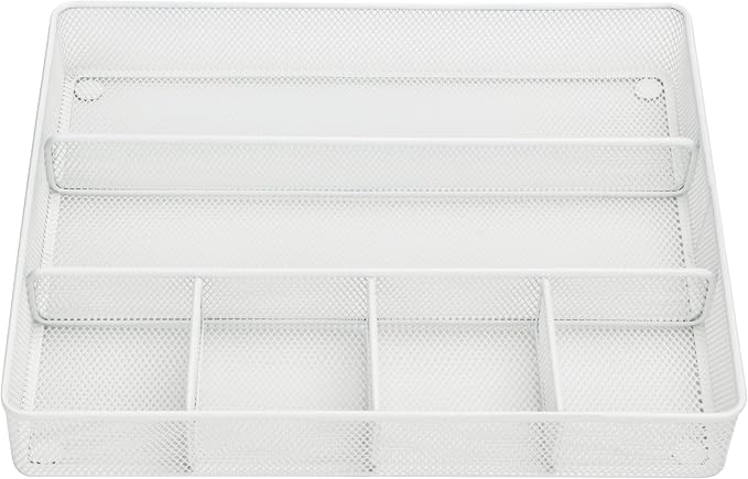 Annova Desk Top Organizer Tray for Office Organization - Metal Mesh - Storage Tray with Dividers for Pens, Desktop Accessories, Bathroom, Kitchen, Makeup and Office Supplies (Large, White)