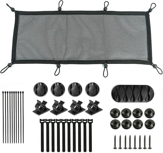 Under Desk Cable Cord Management Net Kit, Privacy Mesh Large Flexible Cable Duct Flexible Under Desk Wire Net, Cable Tray Mesh Organizer for Most Table Hiding Cables Office （8 Rubber Bands）