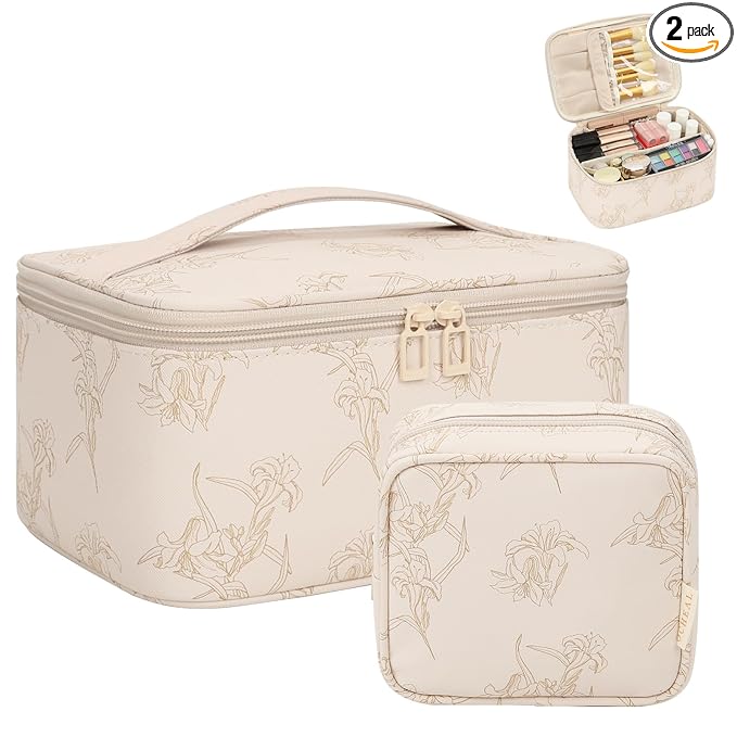 OCHEAL Makeup Bag Set, Portable Travel Makeup Bags Cosmetic Organizer Bag for Women Cute Floral Cosmetic Pouch Large Capacity Make up Bag PU Leather Toiletry Bags with Divider and Handle-Beige