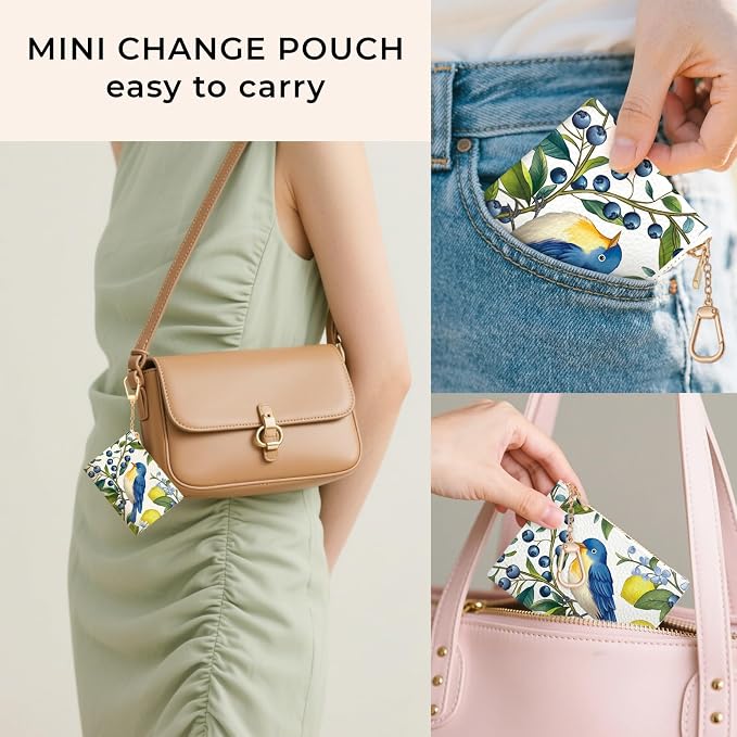 Hummingbird Keychain Coin Purse for Women, Small PU Leather Change Pouch, Zipper Little Bird Tiny Travel Wallet for Girls, Cute Kawaii Zip Pocket Coin Holder with Key Ring