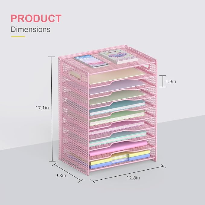 OUTWOLF 10 Tier Paper Organizer - Letter Tray Mesh Desk File Organizer with Handles for Office School Desktop, Pink