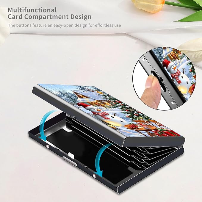 RFID Metal Wallet Credit Cards Holder Slim Mini Business Card Holder Metal ID Case Gift for Men Women,Snowy Christmas