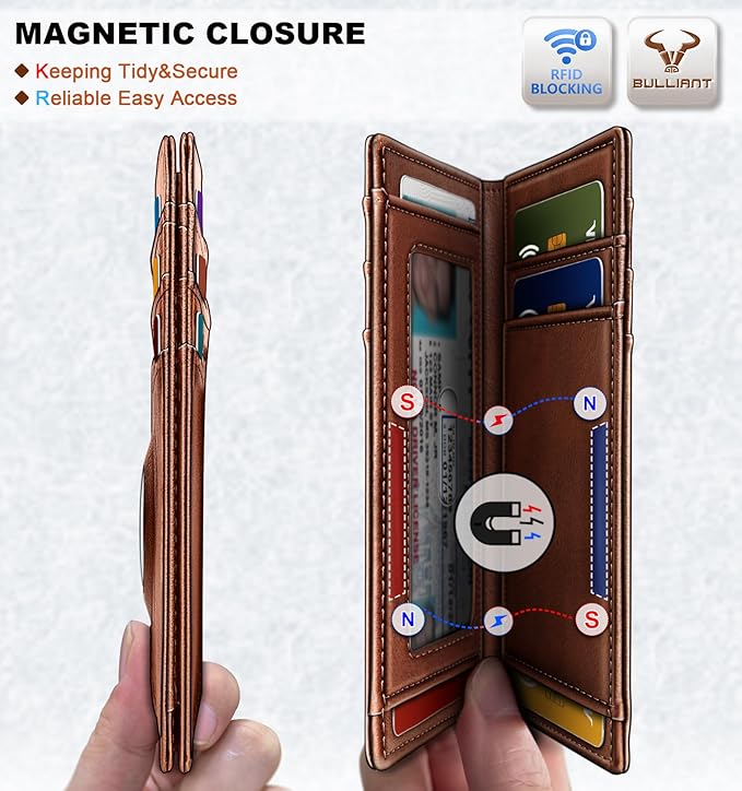 BULLIANT Slim Wallet For Men 12Cards,Magnetic Flip Build-in Money Clip Airtag Compatible-RFID Blocking