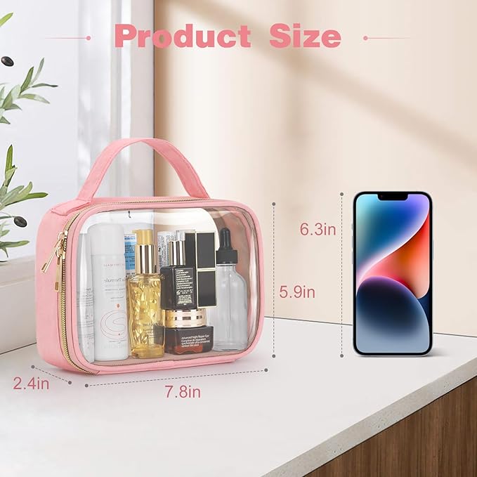 Wedama TSA Approved Toiletry Bag, 4 Pack Clear Makeup Bags with Handles, Quart Size Toiletry Bags, PVC Clear Cosmetic Bags for Women and Men, Carry on Airport Airline Compliant Bag, Pink
