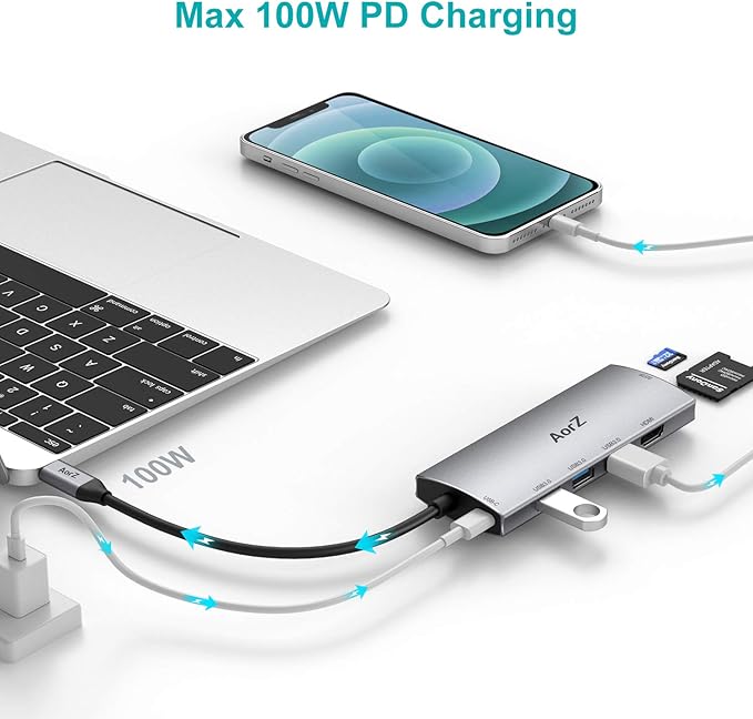 USB C Hub, USB Hub to HDMI Multiport AorZ USB C Dongle Adapter 7 in 1 with 4K HDMI Output,3 USB 3.0 Ports,SD/Micro SD Card Reader,100W PD,Compatible with MacBook Pro Air HP XPS and More Type C Devices