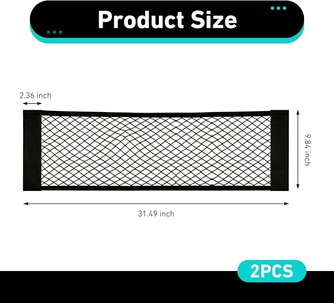 2 PCS Mesh Cargo Nets, 9.8" x 31.5" Double-Layer Elastic Trunk Storage Net, Mesh Organizer Netting with Adhesive Tape, Universal for SUV, Truck, RV, Van (Black)