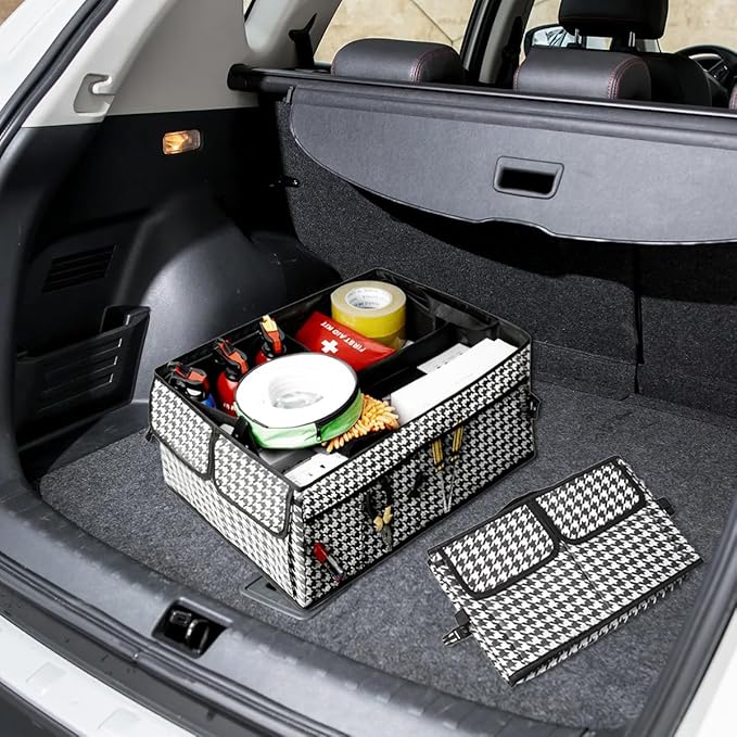 Car Trunk Organizer, Large Capacity Collapsible Multi-Compartment Vehicle Trunk Storage Organizer, Foldable Auto Rear Seat Organization Box for Cargo Grocery, Universal Fit (Houndstooth)