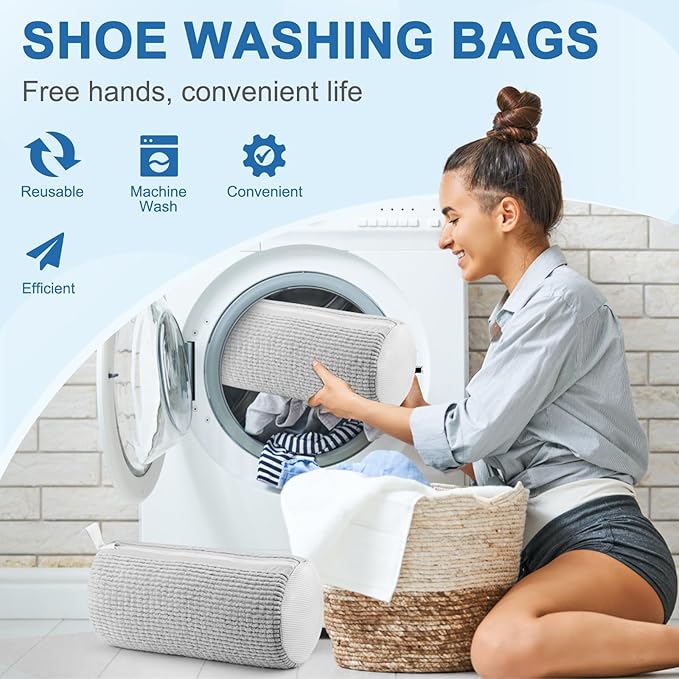 Aship Shoe Washing Machine Bag, Laundry Shoe Bag for Washer and Dryer - 2PC Reusable Shoe Cleaning Bag for Sneakers,Tennis Shoes, 360° Deep Cleaning With Self-locking Zipper for All Shoe Sizes - Gray