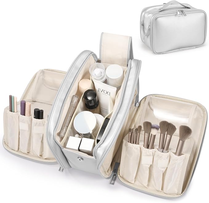 HauteHues Travel Makeup Bag Women's Large Capacity Cosmetic Portable Organizer Large Opening Waterproof Storage Toiletry Bags Vertical Free-Standing Brush Holder for Easy Access Silver