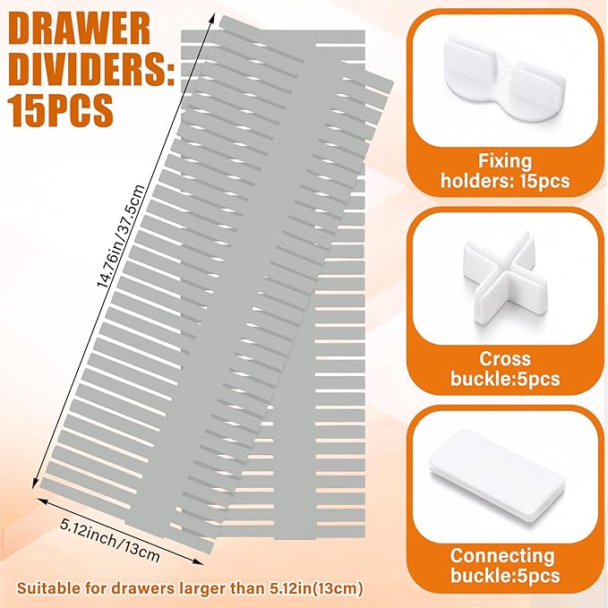 Blosssound 15 Pcs 5.12 Tall Drawer Divider Adjustable Drawer Organizer DIY Ultra Deep Storage Organizer Separator with Fixed Buckle for Underwear Socks Dormitory Office Kitchen Bedroom(Grey)
