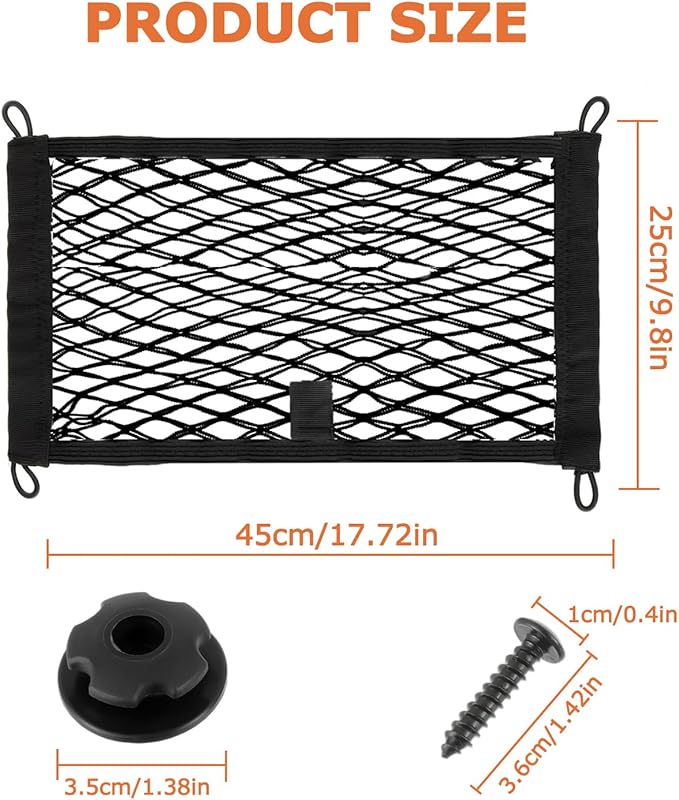 17.7'' x 9.8'' Universal Elastic Cargo Net Pocket with Screws & Hooks for Trunk RV Boats Home Cargo Storage – Keeps Items Secure & Organized(1 Pack)