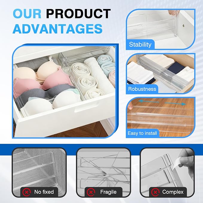 3-Pack Clear Drawer Organizer, Adjustable & Expandable Drawer Divider for Kitchen, Bathroom, Office, Customizable Storage Space-Saving Solution for Utensils, Cosmetics, Socks, Stationery