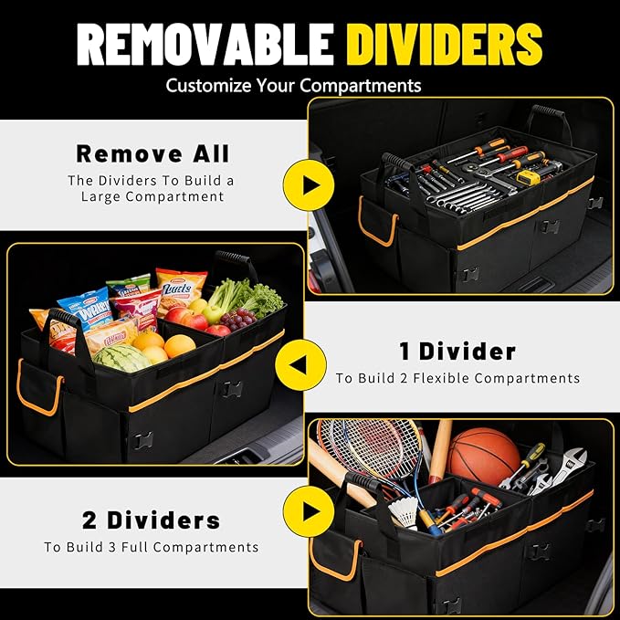 95L Car Trunk Organizer with 2 Tie-Down Straps&2 Removable Dividers|Foldable Cover,Multi-Compartment Collapsible Storage Box for SUV&Sedan&Truck|Non-Slip Bottom,3mm Durable PE Board Construction