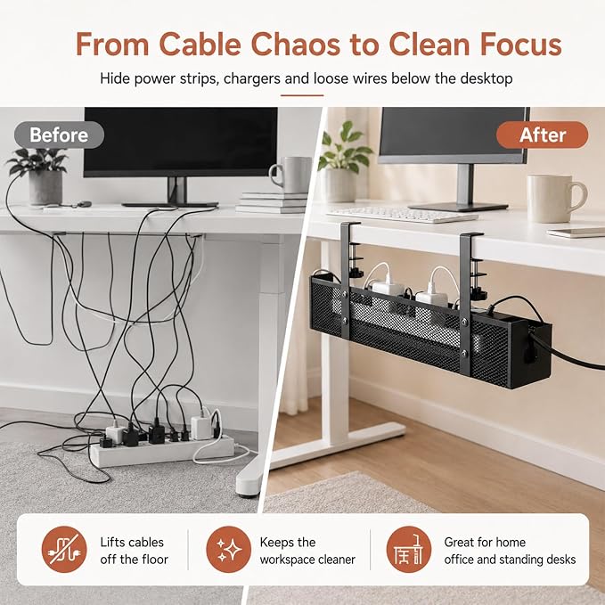 Adjustable No-Drill Under-Desk Cable Organizer Clamp On Metal Mesh Tray Cord Wire Management Basket Power Strip Holder Rack for Home Office Computer Standing Desk Accessories(Black,Large)