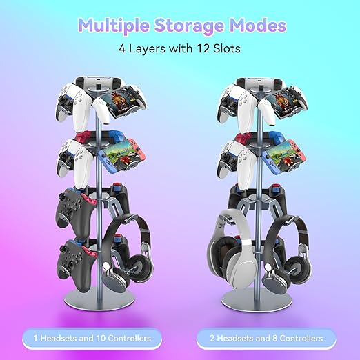 4 Tiers 360 Degree Rotatable Game Controller Stand for PS5 Xbox Nintendo Switch PS4, Aluminum Alloy Headset Controller Holder for Desk, Universal Gaming Headphone Stand Organizer Rack, Grey