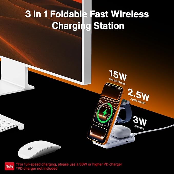 iVANKY 3 in 1 Foldable Magnetic Wireless Charging Station, 15W Fast Charger Stand for MagSafe, Travel Charger for iPhone 17 16 15 Pro Max, Apple Watch, AirPods, Compact & Portable, White(No Adapter)