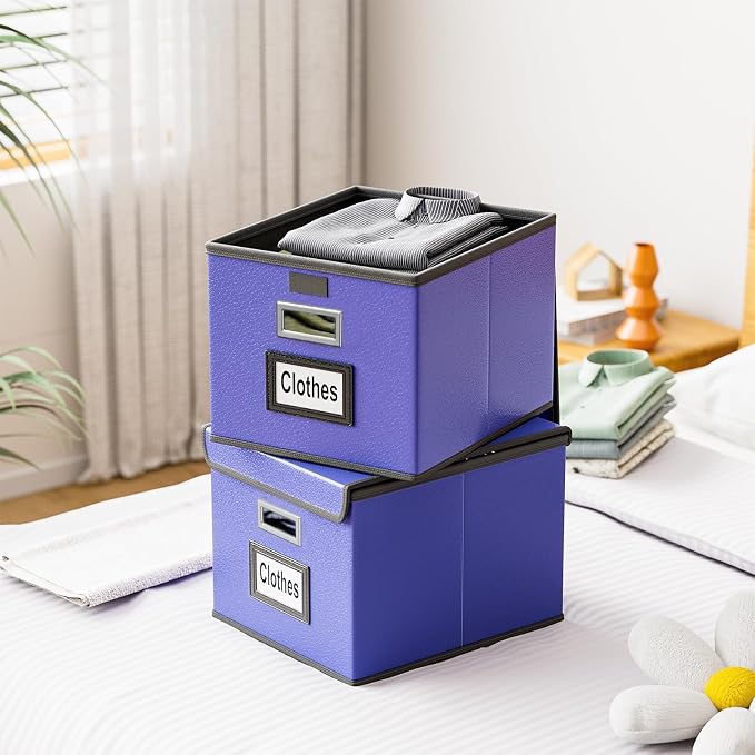 File Organizer Box with Lid, Collapsible Leather File Folder Organizer for Office Document Storage, Filing Box with Plastic Slide for Letter/Legal Size Hanging Files,Navy Blue