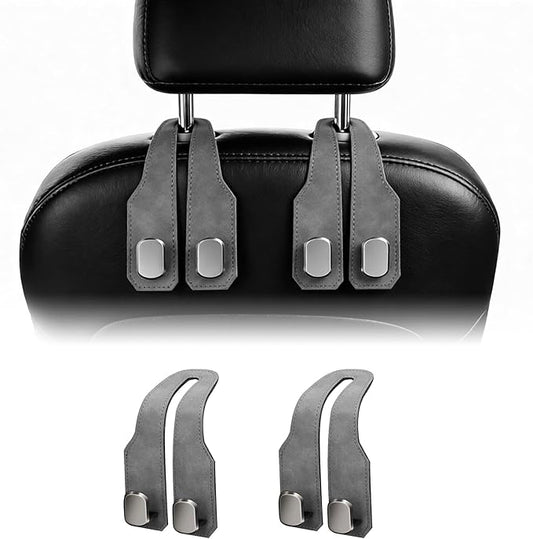 2 Pack Leather Car Headrest Hooks, Double Hook Heavy Duty Purse Holder, 360° Rotating Seat Back Organizer Holds 55 lbs for Handbags, Grocery Bags, Universal Fit Car Accessories, Gray