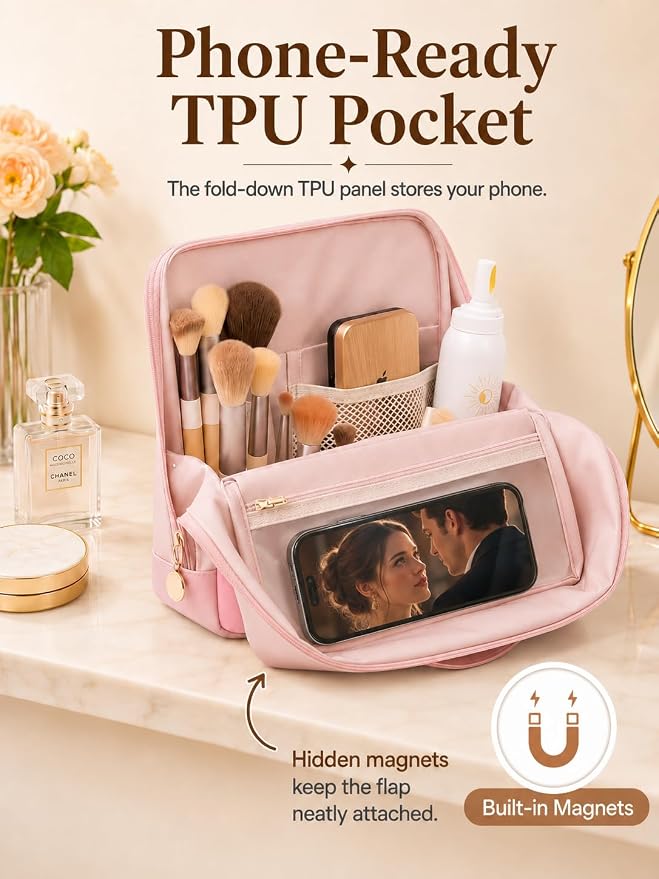 Large Travel Makeup Bag for Women, Large Makeup Bag Organizer with Brush Compartment, Upright Cosmetic Bag and Toiletry Bag, Wipe-Clean PU Makeup Pouch, Pink