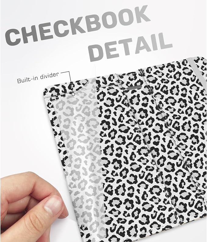 Checkbook Cover for Men Women, Premium Leather Checkbook Holder with RFID Blocking and Built in Clear Plastic Divider for Personal and Business Checks (Leopard-White)