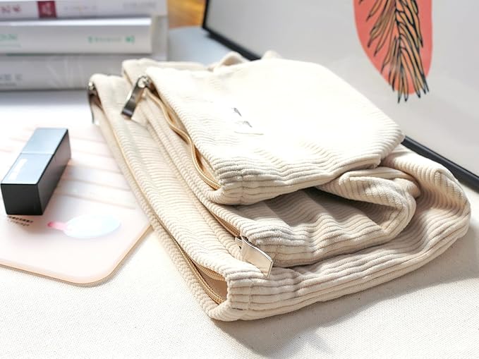 HAPPYHEIDI Corduroy Makeup Bag Set 3 w Divider Cosmetic Toiletry Travel Pouch Purse Organizer, 3-Size, Soft Creamy White