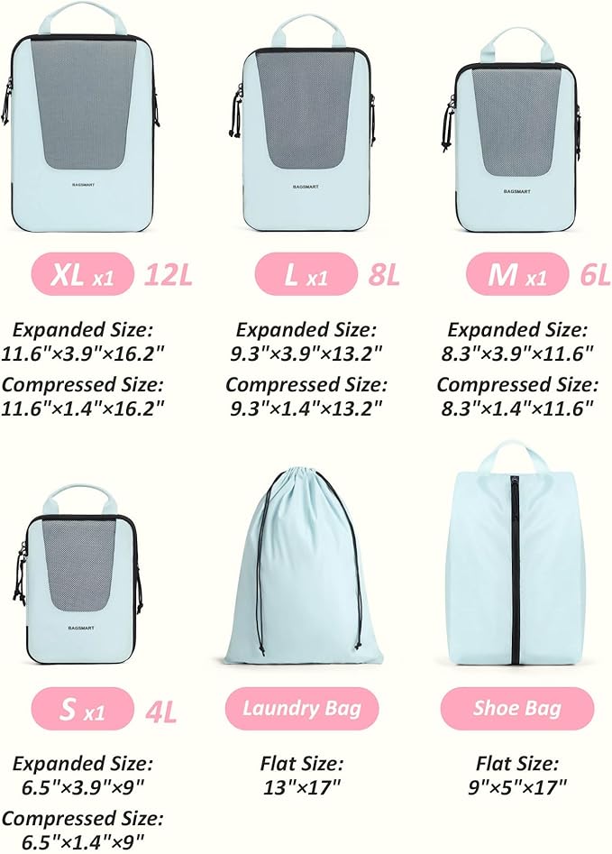 BAGSMART Compression Packing Cubes for Travel, 6/5/4set Lightweight Packing Organizers, Summer Travel Essentials Suitcase Organizer Bags Set