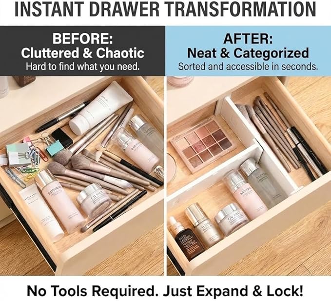 6-Pack Adjustable Drawer Dividers (10.8"-17.9"), 3.1" High Expandable Organizers for Baby Nursery, Bathroom Vanity, Desk & Junk Drawers - Non-Slip Locked Separation