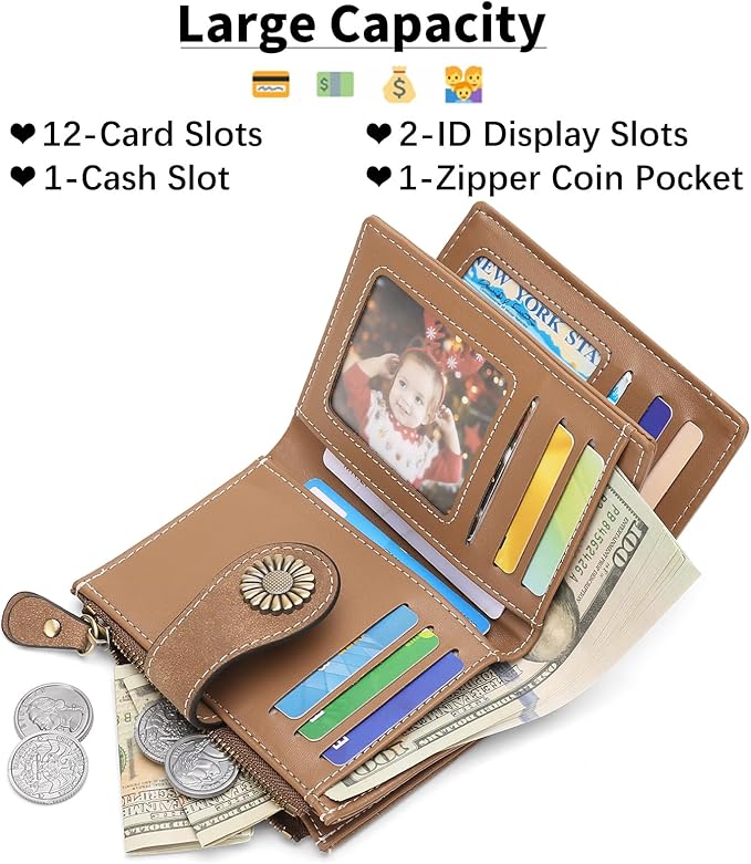 SENDEFN Small Wallets for Woman RFID Blocking Leather Bifold Credit Card Holder Purse with ID Window