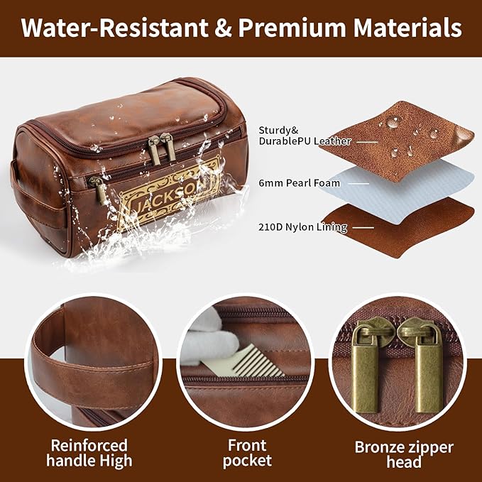 Personalized Leather Toiletry Bag for Men, Large Capacity Toiletry Travel Bag, PU Leather Waterproof Shaving Toiletry Bag, Travel Essentials Customized Gifts for Husband (Style 3)