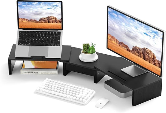 Dual Monitor Stand Riser - Computer Monitor Stand for 2 Monitors，Office Desktop Organizer，Adjustable Length and Angle 3 Shelf with Storage Drawer Phone Holder for Monitors and Laptops-Black