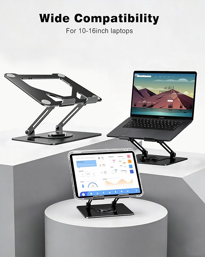 360° Rotating Laptop Stand, Foldable & Height Adjustable Metal Macbook Stand with Ventilated Design for Better Cooling, Ergonomic Portable Notebook Holder for MacBook, Office Work Laptops 10-16 inch