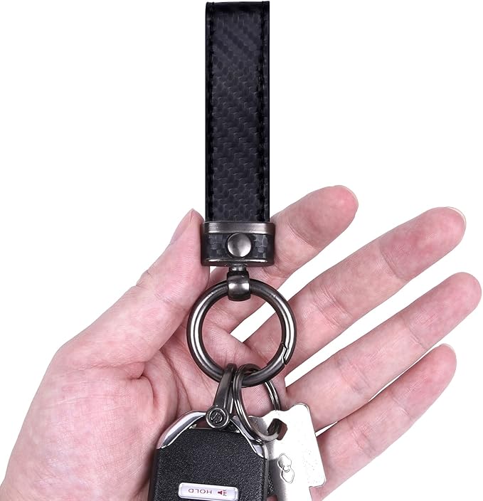Wisdompro Carbon Fiber Style Car Keychain, Microfiber Leather Key Chain, Universal Key FOB Keychain Holder for Men and Women, with Anti-lost D-ring, 3 Keyrings - Black (with round connector)