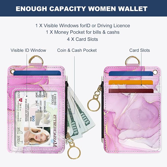 Slim Wallet Credit Card Holder, Pink Marble Pattern, RFID Wallet Women Cute Small Front Pocket Wallet With Zipper, PU Leather Thin travel RFID Blocking Card Case ID Window,Ladies Gifts