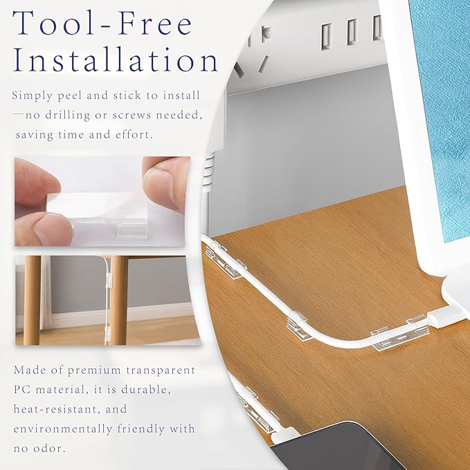 40-Pack Clear Adhesive Cable Clips (M Size) – Strong Transparent Wire Holders for Wall, Desk, Car, and Indoor/Outdoor Light Management