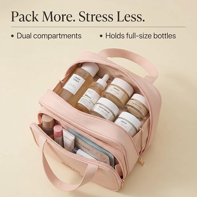 BEENLOVE Travel Makeup Bag for Women - Premium Vegan Leather Cosmetic Case - Large Portable Toiletry Organizer with Handles & Zippers - Water-Resistant Pouch