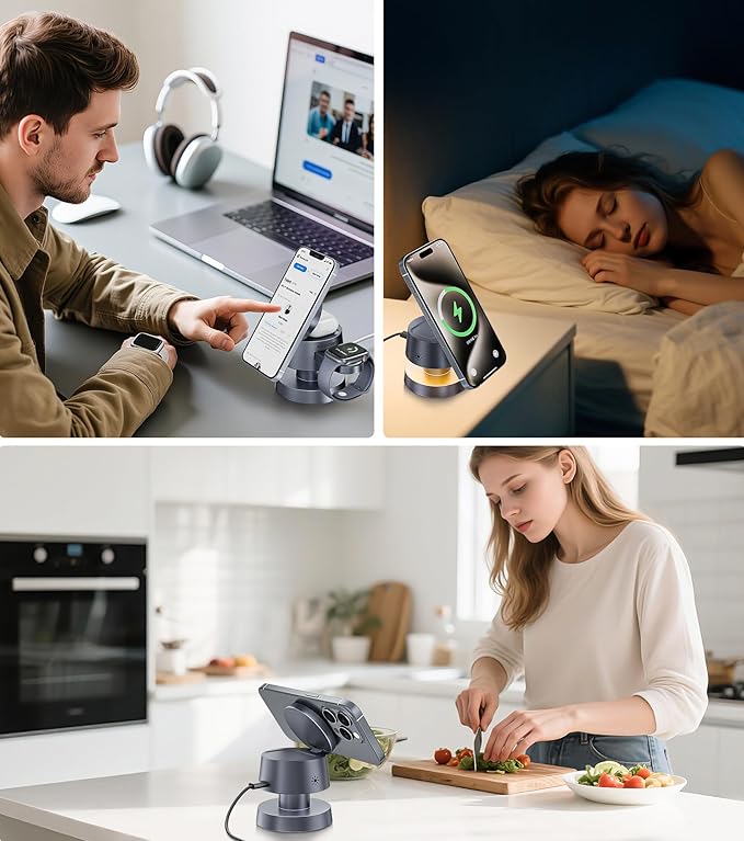 4-in-1 Magnetic Wireless Charging Station for iPhone 17/16/15/14 Pro Max, with Night Light Wireless Charging Station Fast Charging for Apple Watch, Earphones & Multiple Devices