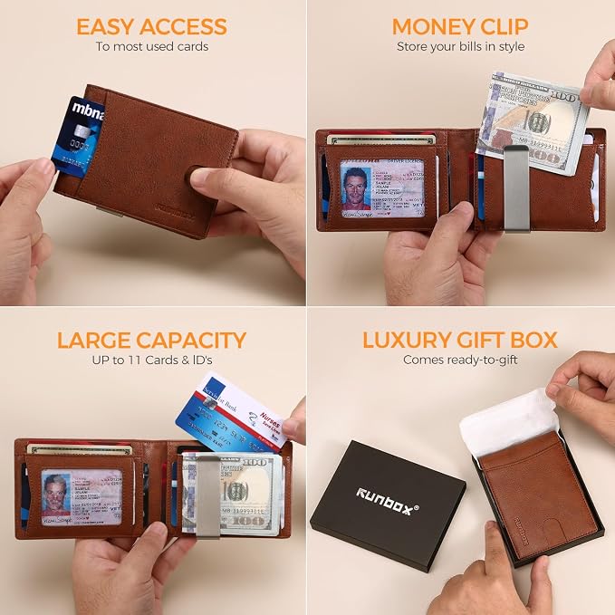 RUNBOX Slim Money Clip Wallets for Men and Teen Boys RFID Blocking 11 Card Holder Minimalist Small Leather Bifold Novelty Men's Wallet Front Pocket Gift Box