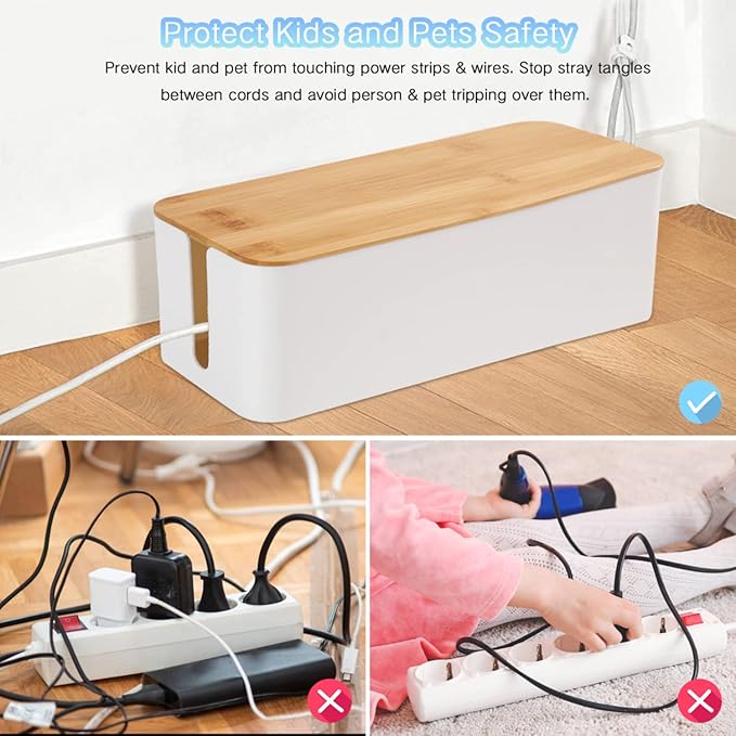 Cable Management Box Organizer, Set of 2 Bamboo Lid Large Storage Wire Holder to Conceal Hide Surge Protector, Power Strips Cord on Desk Floor, with 5 Cables Tape for Home Office Computer TV USB Hub