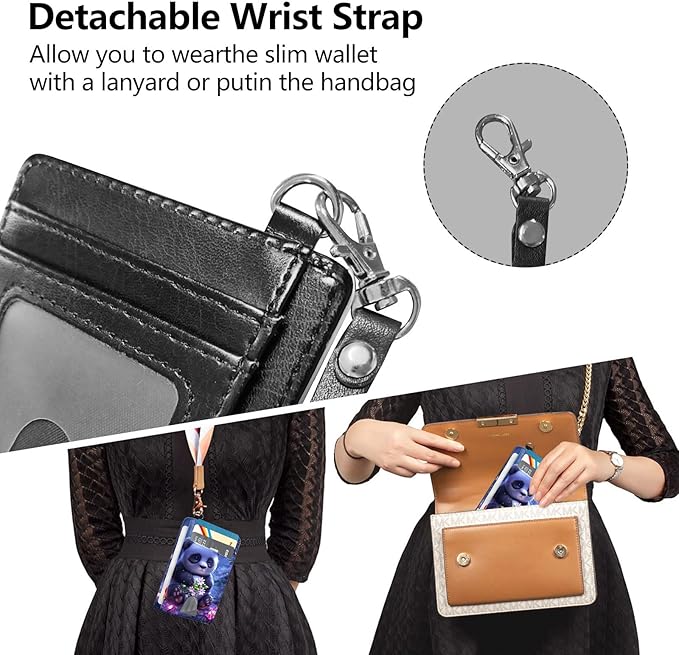 Slim RFID Blocking Card Holder Wallet with Wrist Strap - Minimalist Front Pocket Wallet, Lovely Panda Design, PU Leathe, for Men & Women, Ideal for Travel & Gifts