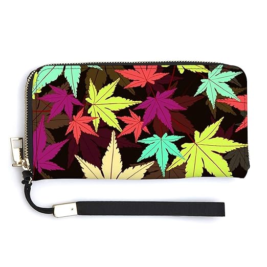 Clutch Wallet Holder for Women Men Colorful Abstract Leaves Cannabis Leaf Portable Accordion Zipper Credit Card Storage Bag Waterproof Purse Leather Wallet for Travel Work Shopping